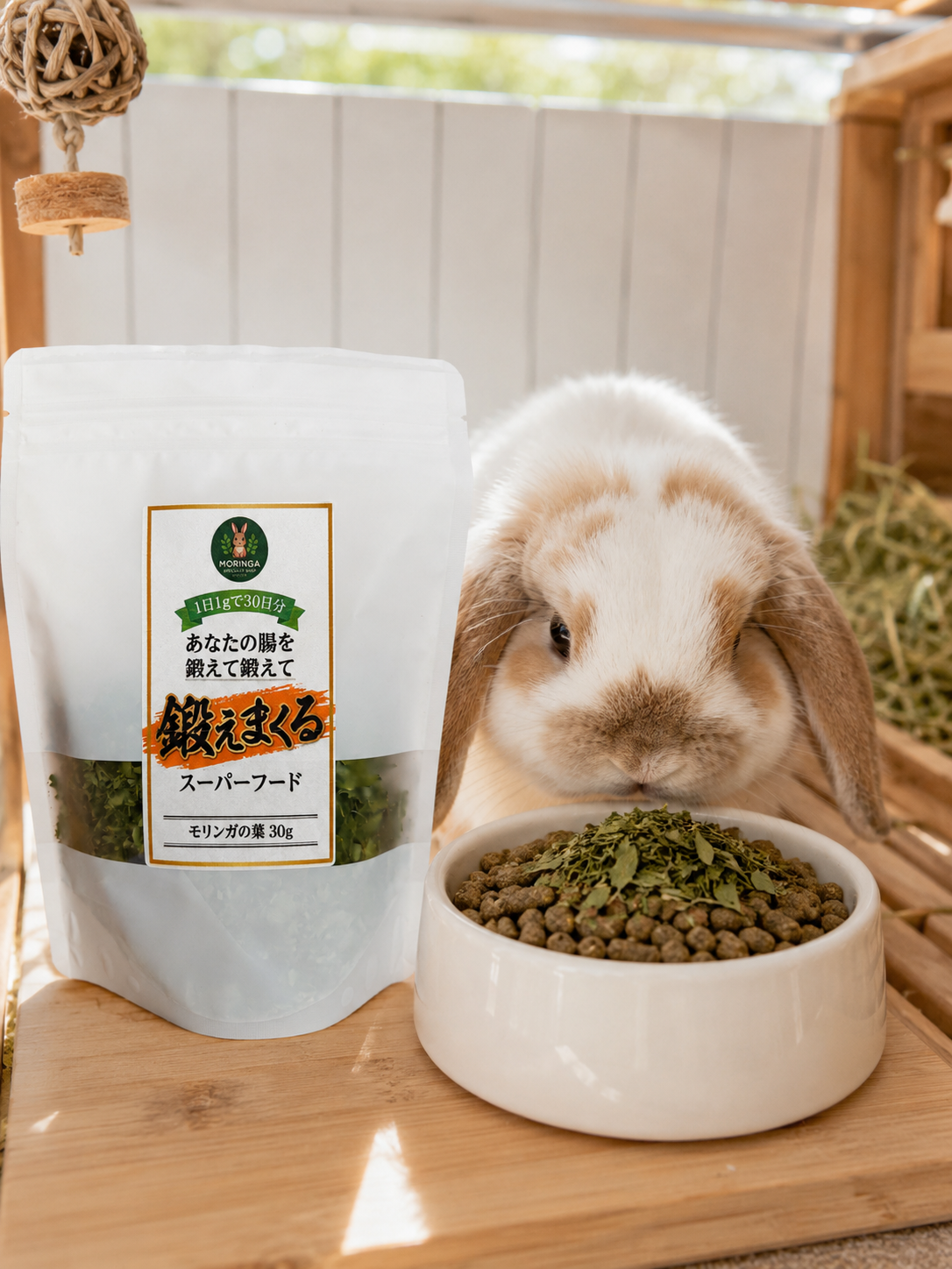 モリンガの葉をスプーンでペレットにかけている使い方シーン